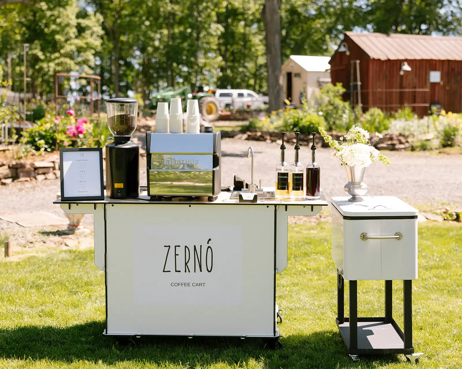 Zerno coffee cart in an elegant garden setting